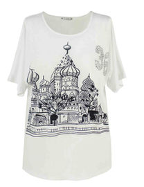 Simple Ladies Fashion Tops Casual Long Tee Shirt With Print House Pattern