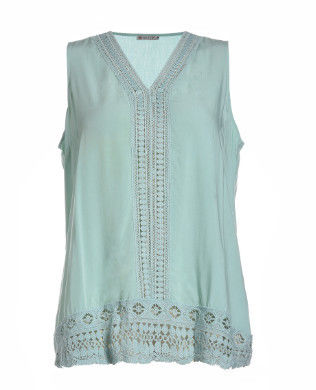 Embroidery Light Blue Cotton Tops For Ladies Breathable V Neck Vest Casual Style