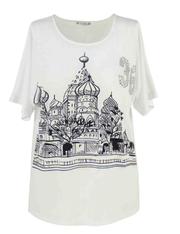 Simple Ladies Fashion Tops Casual Long Tee Shirt With Print House Pattern